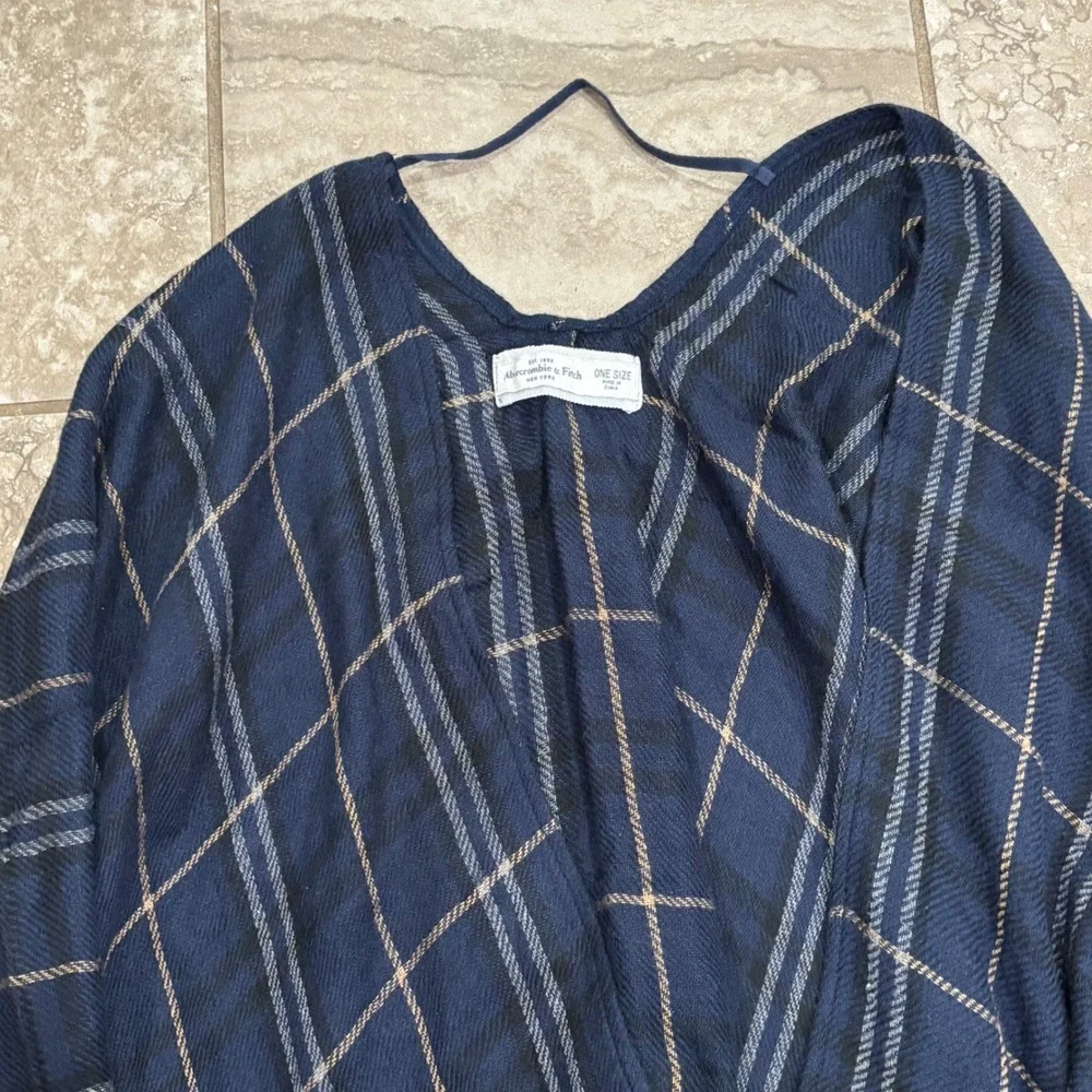 Abercrombie & Fitch Navy Blue Plaid Poncho Wrap Fringe Trim One Size